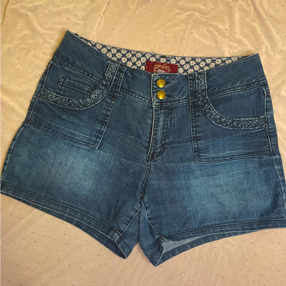 Womens “One 5 One: Authentic Denim” Long Loose Fit Shorts Braided Pocket Flair